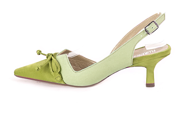 Pistachio green women's open back shoes, with a knot. Tapered toe. Medium spool heels. Profile view - Florence KOOIJMAN